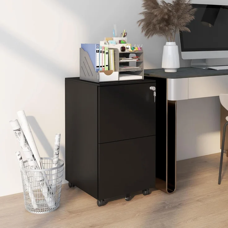 Vinsetto Rollcontainer Aktenschrank mit 2 Schubladen Druckschrank mit Rollen, (Büroschrank, 1 St, Bürocontainer), Stahl, 37 x 43,5 x 67,5 cm – Bild 2