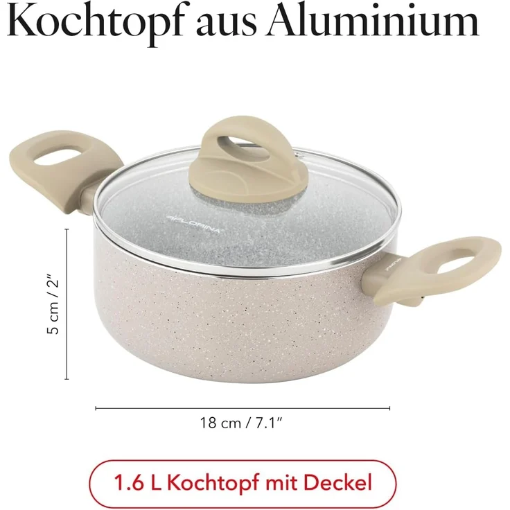 FLORINA Aluminiumtopf ISLA 1,6L I 18 cm I Aluminium Kochtopf mit Antihaftbeschichtung I Schnelles und gleichmäßiges Erhitzen I Soft-Touch-Griffe I Ästhetisches Design, Grau – Bild 2