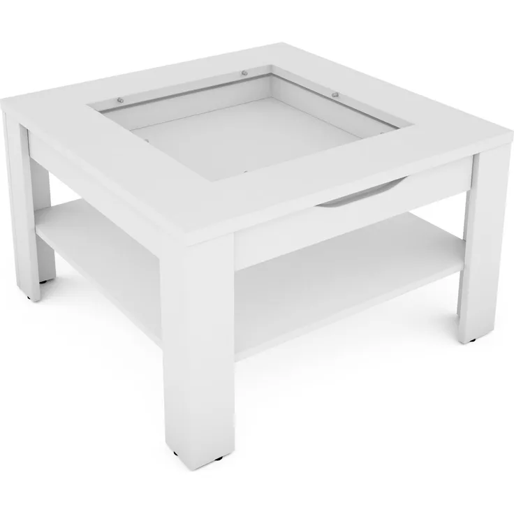 byLIVING Couchtisch RALPH / moderner Sofatisch mit Glaseinlage und großzügiger Schublade in Weiß / Beistelltisch mit viel Stauraum / B 67, H 43, T 67 cm