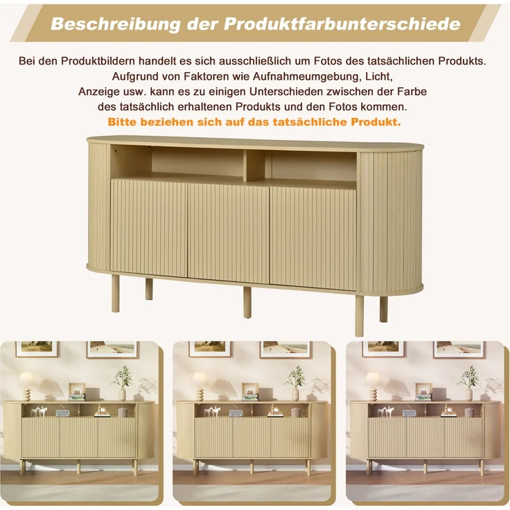 DESVIAE Sideboard Naturholz aus Spanplatte – 160x78,5x40 cm – 3 Wellentüren, offene Fächer – Bild 6