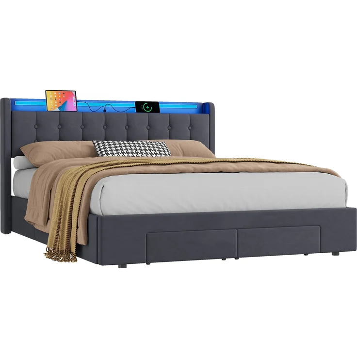 Polsterbett 160 x 200 cm, Samt, mit Bettkasten, Schubladen, USB-Anschluss und LED-Beleuchtung, Dunkelgrau – Bild 6