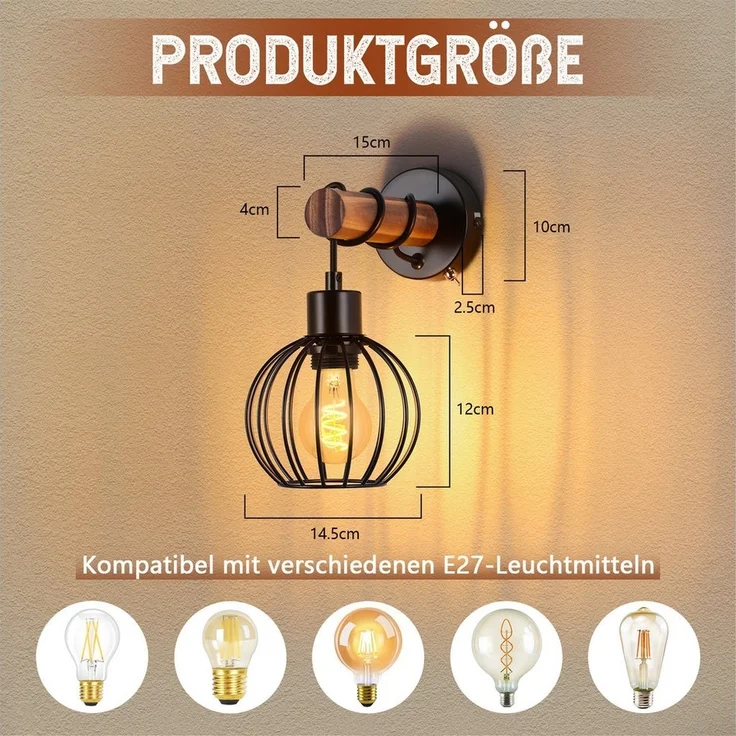 Nettlife Wandleuchte Holz Innen Wandlampe Vintage mit Schalter, mit Schalter, LED wechselbar, für Schlafzimmer Wohnzimmer Flur ein wunderbares Weihnachtsgeschenk – Bild 2