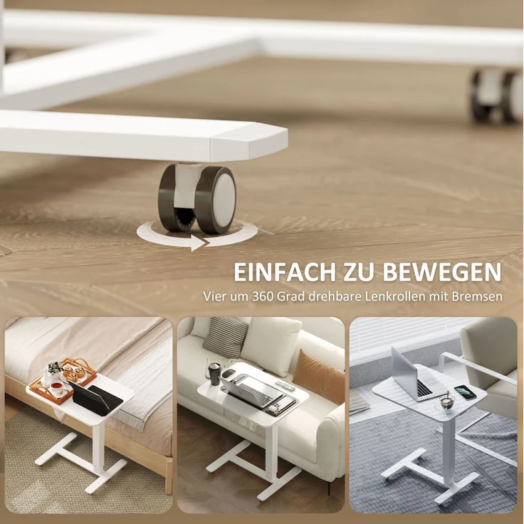 Höhenverstellbarer Schreibtisch mit Rollen, 65x48x70-110 cm, Weiß – Bild 4