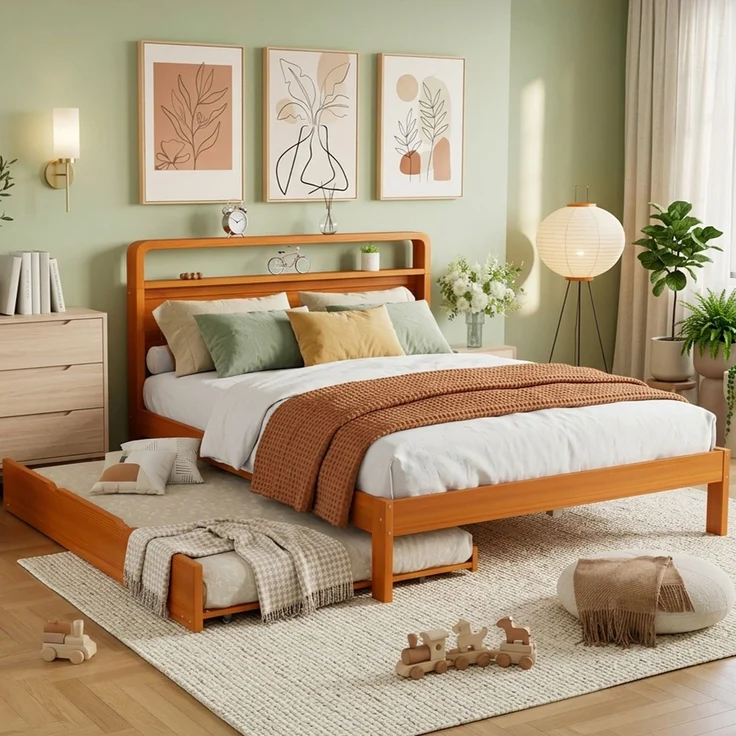 Merax Holzbett, Doppelbett, Kinderbett, 140x200 cm, mit Ausziehbett 90x190 cm, Funktionsbett mit links/rechts montierbarem Gästebett, Natur – Bild 2