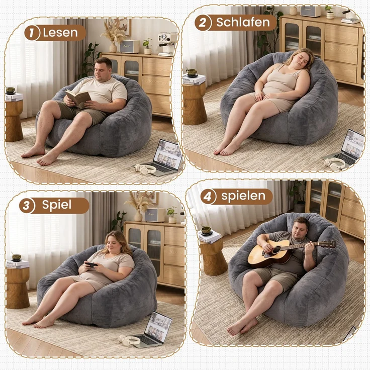 Sitzsack für Erwachsene, flauschiger Loungesessel aus Kunstfell, vakuumverpackt und montagefrei, für Wohnzimmer, Schlafzimmer, Balkon - Groß(Hellgrau)--Herde--111x123x75cm--YOUDENOVA – Bild 7