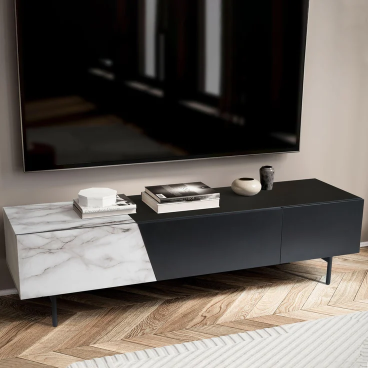 Lowboard Schwarz mit Marmor-Dekor in Weiß 150x40x40 cm TV-Kommode Modern, Des... – Bild 1