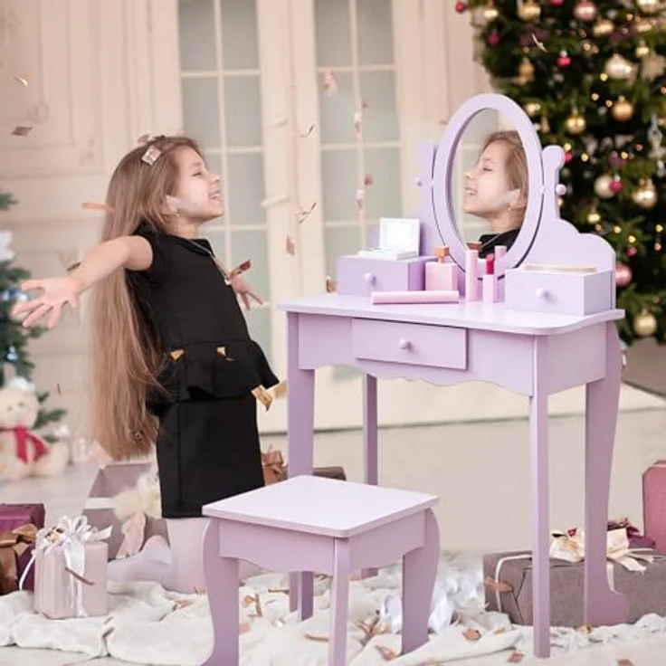 GarveeLife Schminktisch für Kinder, Schminktisch für Mädchen mit Spiegel, Hocker, Schublade, Aufbewahrungsboxen, für Kinder von 3 bis 6 Jahren, Violett – Bild 4