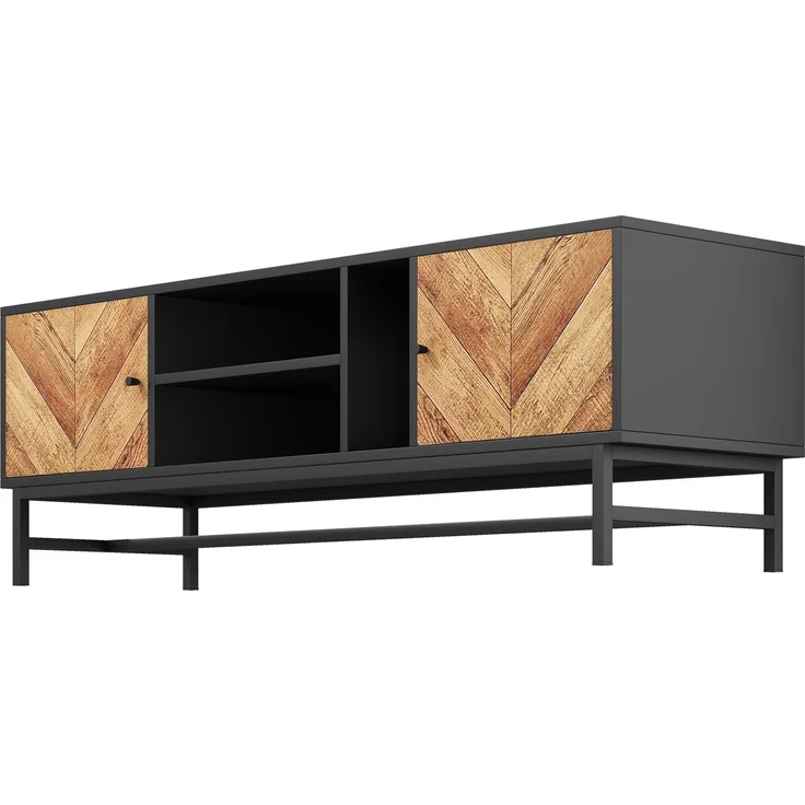 TV Schrank Schwarz Holzoptik 150x38 cm mit 2 Türen und offenen Fächern Metallbeine Sideboard Medienregal für Wohnzimmer – Bild 8
