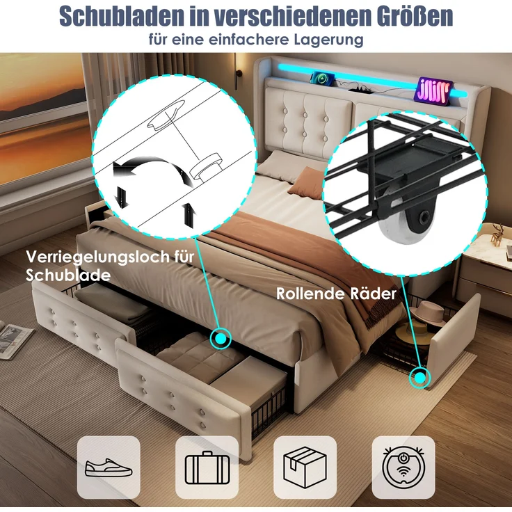 Polsterbett Baumwoll-Leinen mit LED & USB-Anschluss, 180x200 cm, 188x220x106 cm, Beige, ohne Matratze – Bild 8