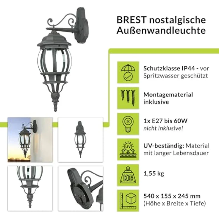 Licht-Erlebnisse Außenlampe Wand "Brest", Rustikale Wandleuchte in Anthrazit, H:54 cm, IP44, E27, Wetterfest für Terrasse und Garten – Bild 2