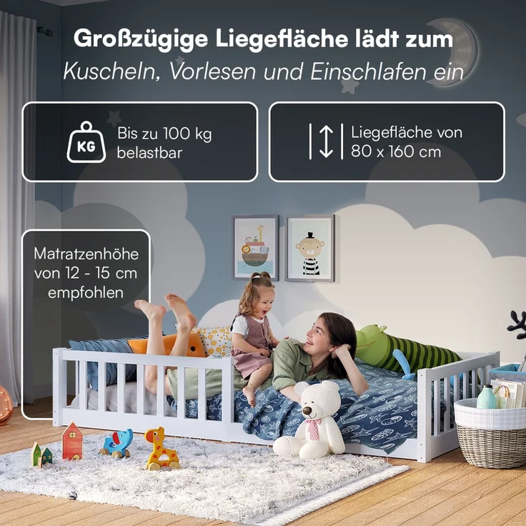 Bellabino 'Vere' Bodenbett 80x160 cm mit Matratze, weiß, Massivholz Kiefer, Montessori Kinderbett mit Rausfallschutz und Lattenrost – Bild 6