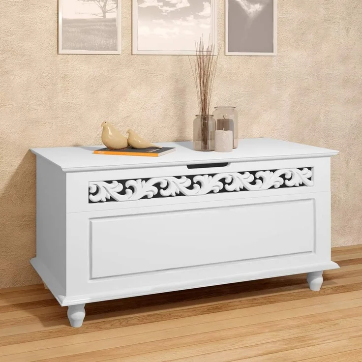 Deuba Holztruhe Jersey Mit Stauraum Klappbarer Deckel 80 x 40 x 48 cm Groß Holz Sitztruhe Truhenbank Couchtisch Truhe Weiß – Bild 2