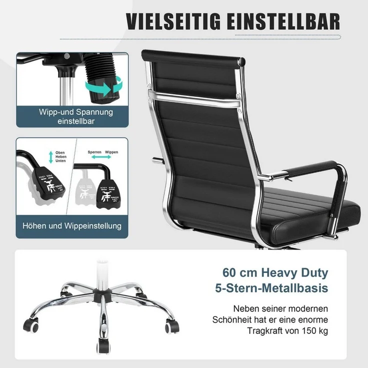 UEV Stuhl Schreibtischstuhl ergonomisch, Drehstuhl mit Rollen (Bis 150kg, Konferenzstühle, Büro-Gästestuhl), Höhenverstellbar,Wippfunktion,Metallrahmen,Gepolstert Kunststoff – Bild 4