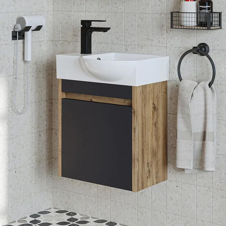 Roomart Badmöbel-Set LEO Gäste-WC Set 46,5 cm, nur 24,5 cm tief, Soft-Close, 4 Farben, (Komplett-Set, • Unterschrank mit Waschbecken • Badezimmer Möbel • Gäste WC), Soft-Close, nur 24,5 cm tief, Wandmontage, Keramikbecken, modular