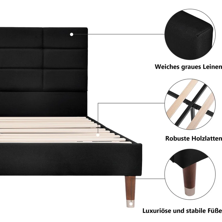 Polsterbett 140x200 cm Doppelbett mit Lattenrost und Kopfteil, Leinenbezug in Schwarz, für Erwachsene & Jugendliche – Bild 4