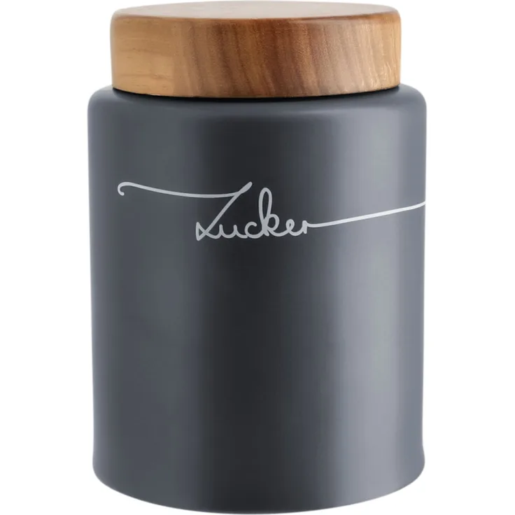 KHG Zucker Aufbewahrung, Zuckerdose Keramik Steingut poliert Anthrazit Grau Holz-Deckel Bambus, Zucker-Vorratsdose 1,5 Lite Kapazität, rund & mit Beschriftung luftdicht, Höhe 16 cm & 11,5 cm