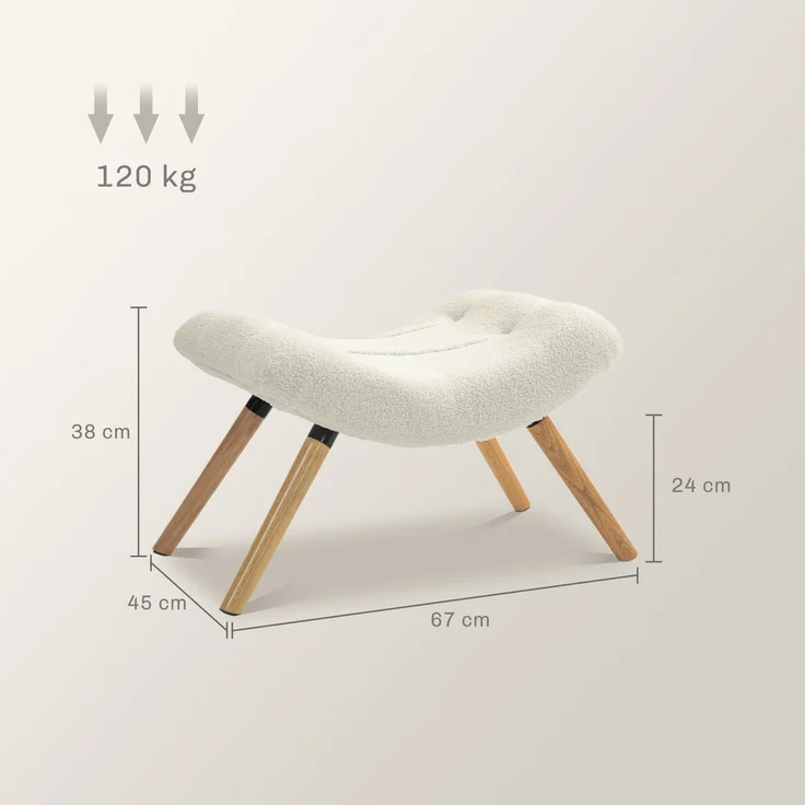 Moderner Fußhocker mit Fleece-Bezug und Holzbeinen, gepolstert, für Wohnzimmer, Schlafzimmer, Flur, Cremeweiß--Cremeweiß--67x45x38cm--YOUDENOVA – Bild 5