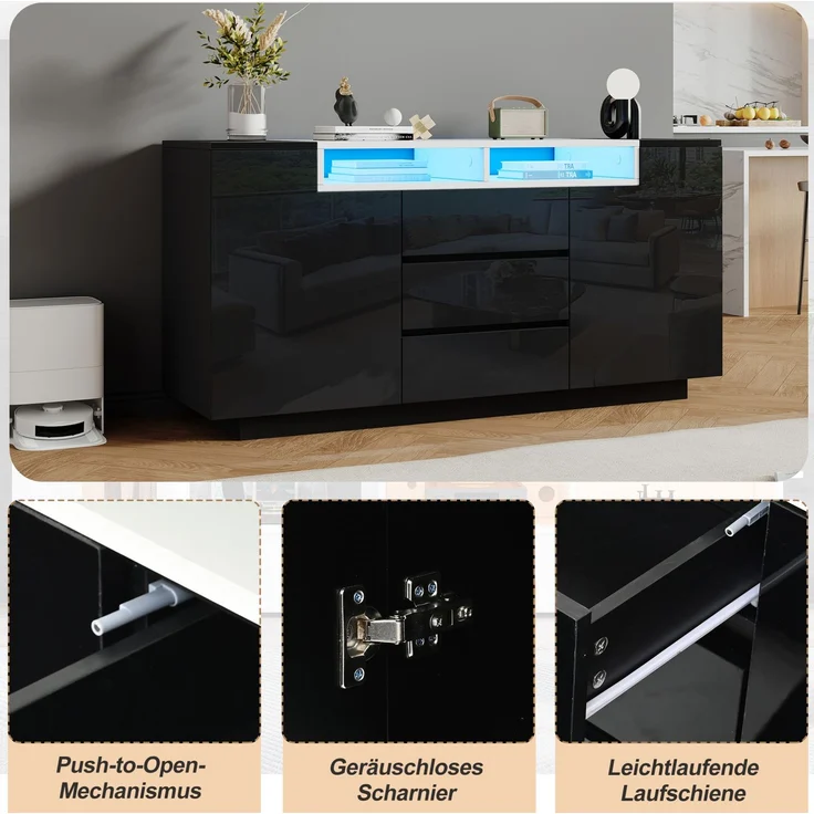 DESVIAE Sideboard Schwarz aus Spanplatte – 140x68x40 cm – 3 Schubladen, LED-Beleuchtung – Bild 4