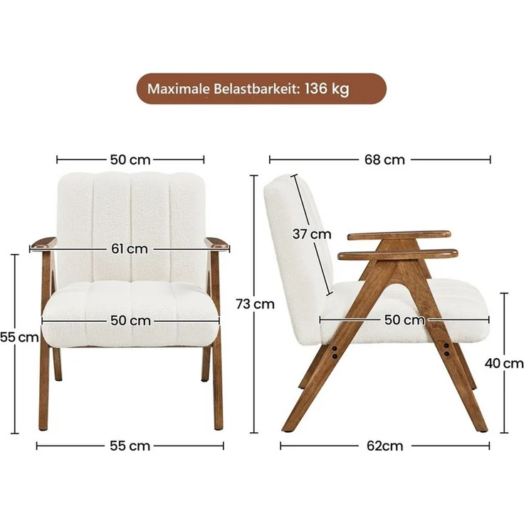 Yaheetech Loungesessel mit Armlehnen, Bouclé weiß / Gummibaumholz natur, 73 x 68,5 x 60,5 cm – Bild 3