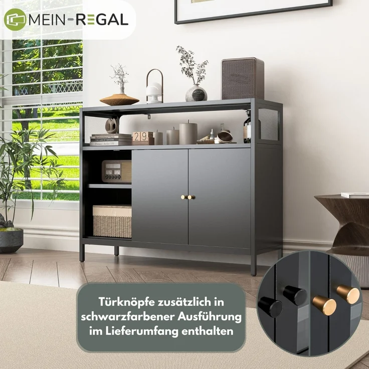 Mein-Regal Sideboard Mesh aus Metall mit Ablage und 2 Schiebetüren Schwarz – Bild 5