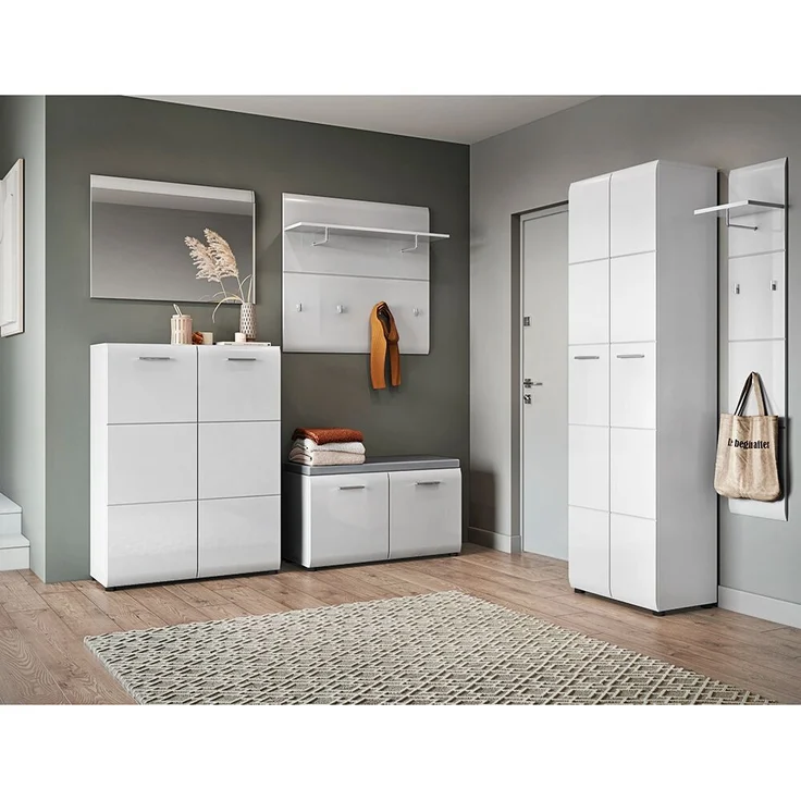 Garderoben-Set 6-teilig mit Garderobenschrank, 2x Garderobenpaneel weiß Hochglanz MALABO-129 – Bild 1
