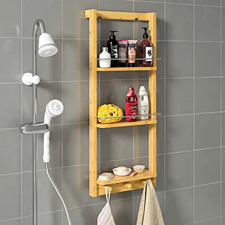 Casaria Badregal mit 3 Böden und 3 Haken, Bambus natur, 28,5 x 70 x 10 cm – Bild 3