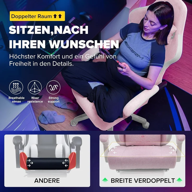 GTPLAYER Gaming-Stuhl Ergonomischer Gaming Sessel Schreibtischstuhl aus Stoff/Kunstleder (Pacekung), Federsitzkissen mit Fußstütze – Bild 3