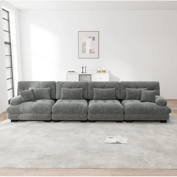 DESVIAE Sofa 4-Sitzer modular mit Tiefsitz aus Chenille Grau, 406 x 77 x 81 cm – Bild 3