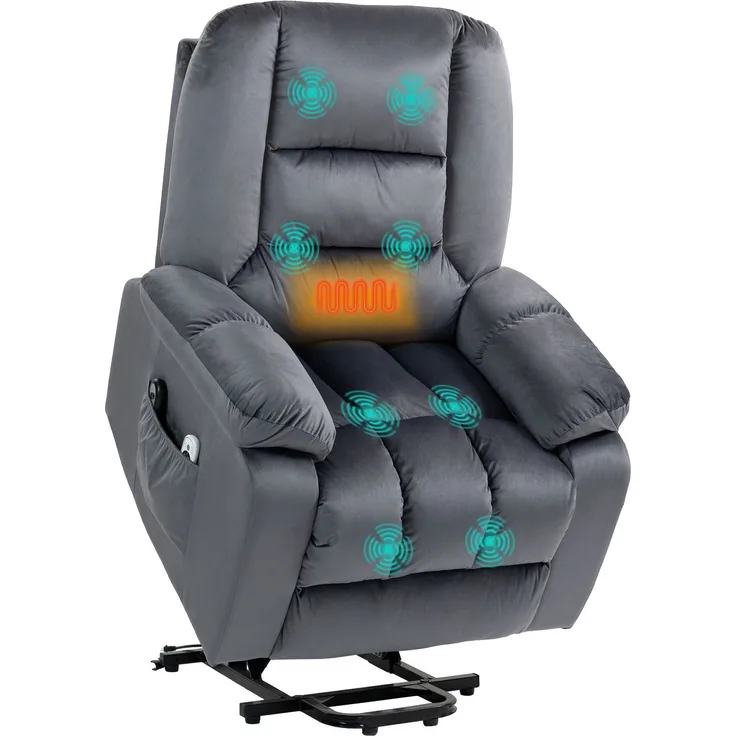 MELAYR, Massagesessel Aufstehhilfe Seniorensessel Relaxsessel, 8 Massagepunkte, 2 Seitentaschen, 85 x 94 x 107 cm, Grau