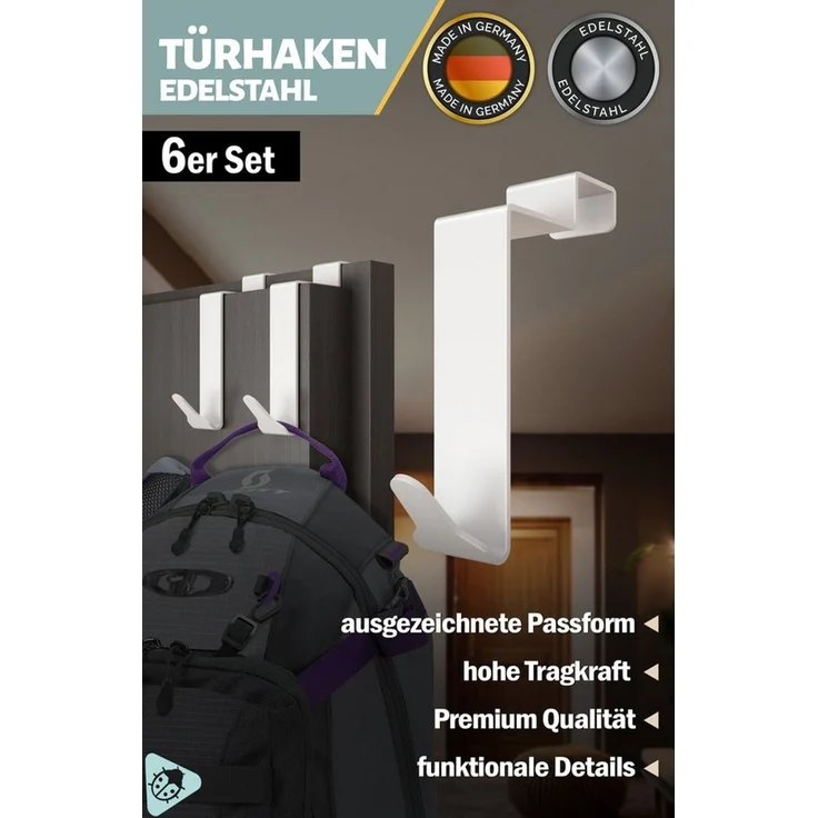 Lindenstein Türhaken Türgarderobe Edelstahl, Türen, (Packung, 6-St, 6), Ohne Bohren, rostbeständig, formstabil, belastbar – Bild 2