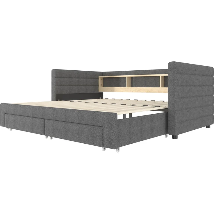 Tagesbett, Daybett, Schlafsofa, 90 × 190 cm, multifunktionales Ausziehbett-Design, USB- + Typ-C-Anschlüsse, mit zwei Schubladen, mehreren Staufächern, LED-Lichtleiste, Ohne Matratze, Samt, Grau – Bild 9