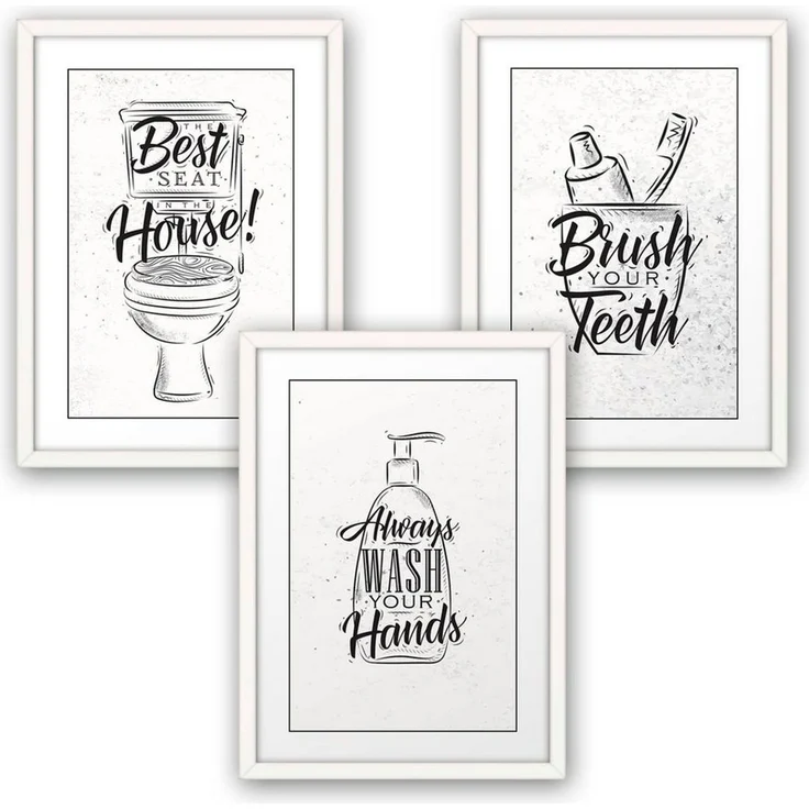 Kreative Feder Poster, WC, Bad, Badezimmer, Toilette, Waschbecken, Seife, Zahnbürste (Set, 3 St), 3-teiliges Poster-Set, Wandbild, optional mit Rahmen, DIN A4 oder A3 – Bild 1