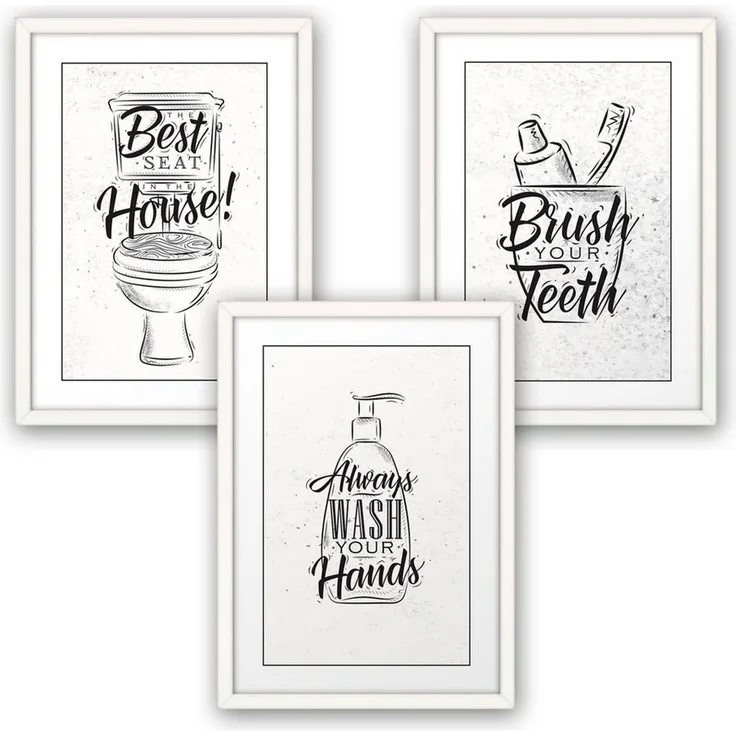 Kreative Feder Poster, WC, Bad, Badezimmer, Toilette, Waschbecken, Seife, Zahnbürste (Set, 3 St), 3-teiliges Poster-Set, Wandbild, optional mit Rahmen, DIN A4 oder A3