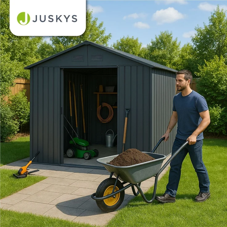Juskys Metall Geräteschuppen XL – Dunkelgrau, wetterfest mit Fundamentrahmen, Schiebetür & abschließbar - für Garten & Aufbewahrung – Bild 7