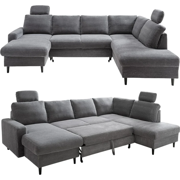 Wohnlandschaft U-Form Sofa Schlaffunktion Couch Bettkasten Cord Dunkelgrau – Bild 1