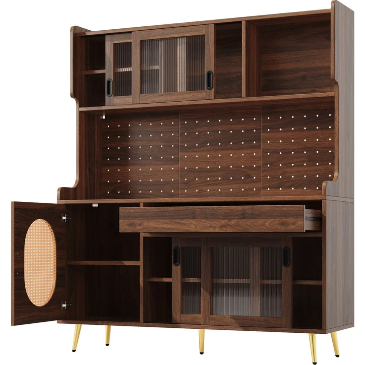 Buffetschrank aus MDF mit LED-Lichtleiste, Schubladen & Lochplatte, 145x39x171 cm, Braun – Bild 3