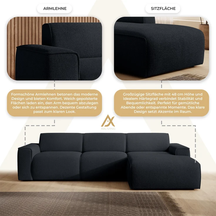 AX LIVING Couch Sofa L Form Didim mini Schwarz 310 cm breit, stilvoll R – Bild 6