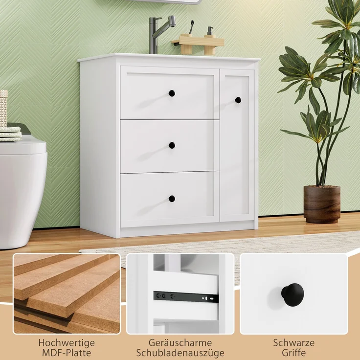 Freistehender Waschtisch 76 x 46 x 82 cm aus MDF mit Keramikbecken und 4 Schubladen – Bild 6