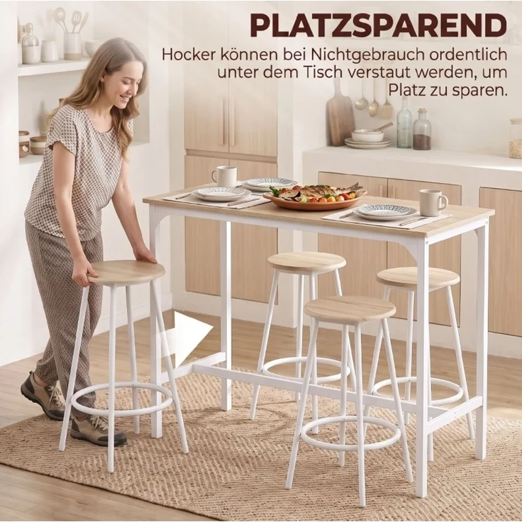 Bartisch-Set 110 x 50 x 89,5 cm mit 4 Hockern – platzsparend, Eiche-Optik und weißes Metallgestell – Bild 7