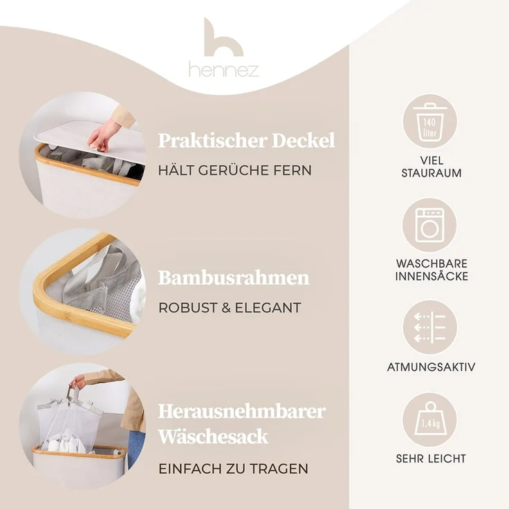 HENNEZ Wäschekorb Bambus mit Deckel 2 Fächer, 140L Wäschesack - Wäschesortierer Wäschebox Wäschetonne Wäschesammler – Bild 2