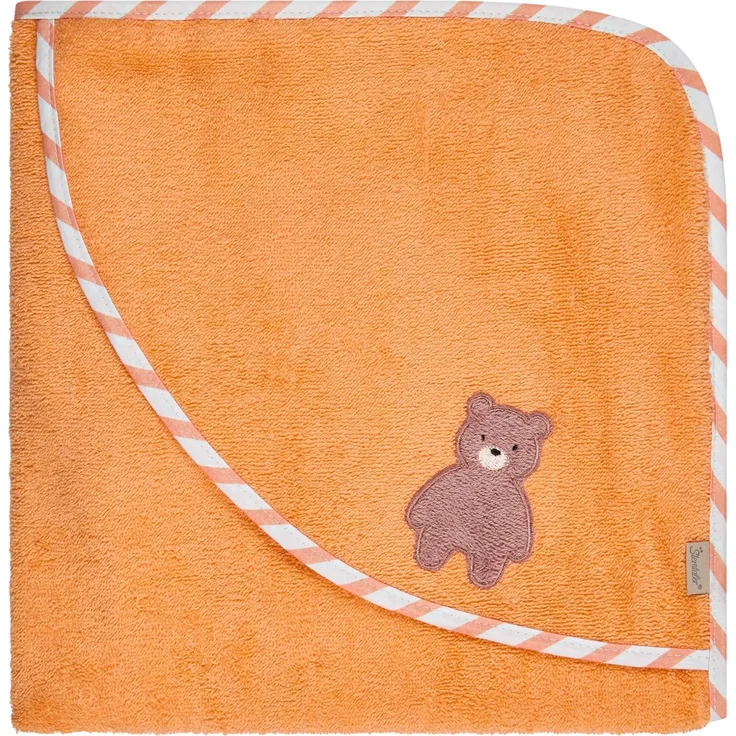 Sterntaler Kapuzenbadetuch Bär Bo, Baby-Badetuch mit Kapuze, saugfähige Baumwolle, süße Applikation, weich und pflegeleicht, 80×80×0,5 cm, leuchtorange – Bild 1