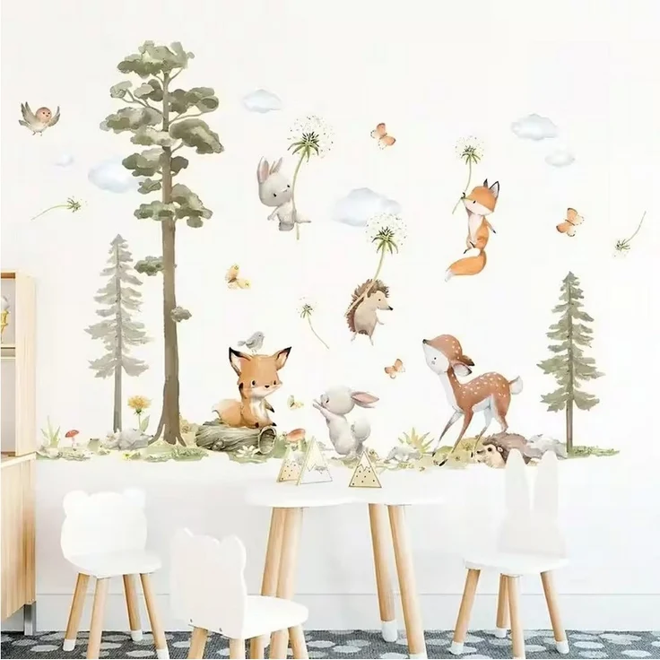 Montegoni Wandsticker Hasen, Fuchs und Hirsch Baum Wandaufkleber für Kinderzimmer, Hochwertige Material, Realistische und sanfte Farben – Bild 3