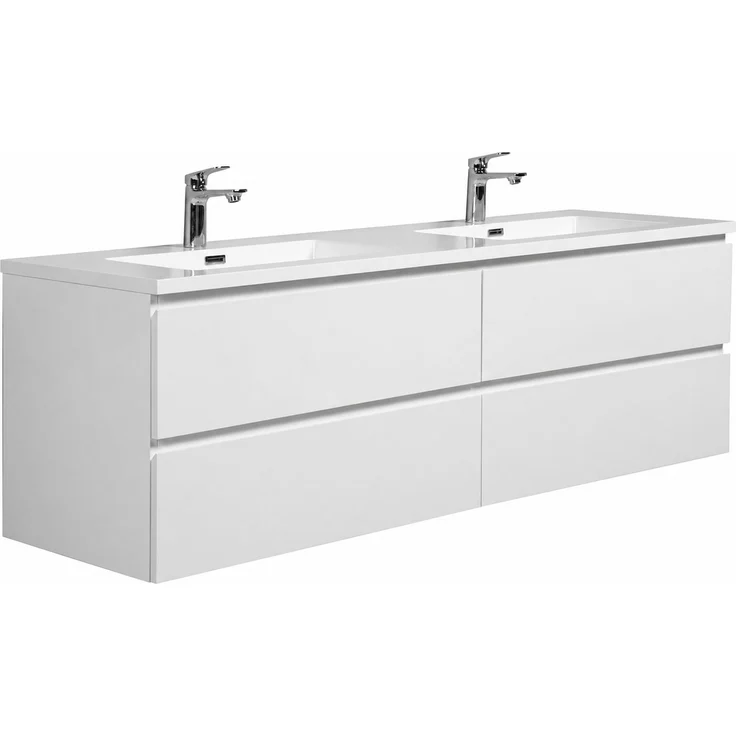 Badplaats Badmöbel Set mit Waschbecken und Unterschrank Angela 160 x 48 cm Weiß Hochglanz - Waschbeckenunterschrank mit Soft-Close und Doppelwaschbecken, Vorgemontiert – Bild 1