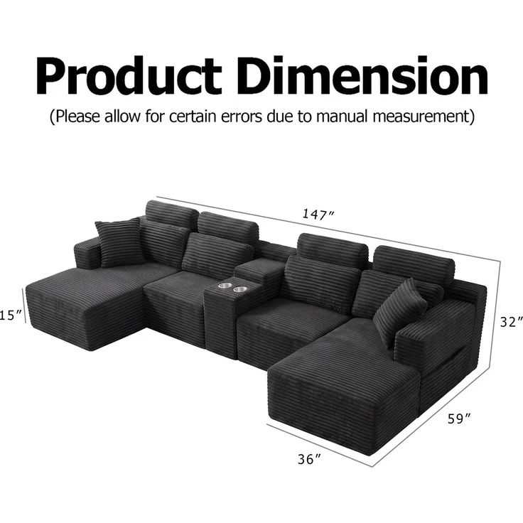 ZUBALIYA Boneless Compression Sofa, U-förmiges modulares Sofa mit integrierten Becherhaltern, Dunkelgrau, 372 x 151 x 80 cm – Bild 14