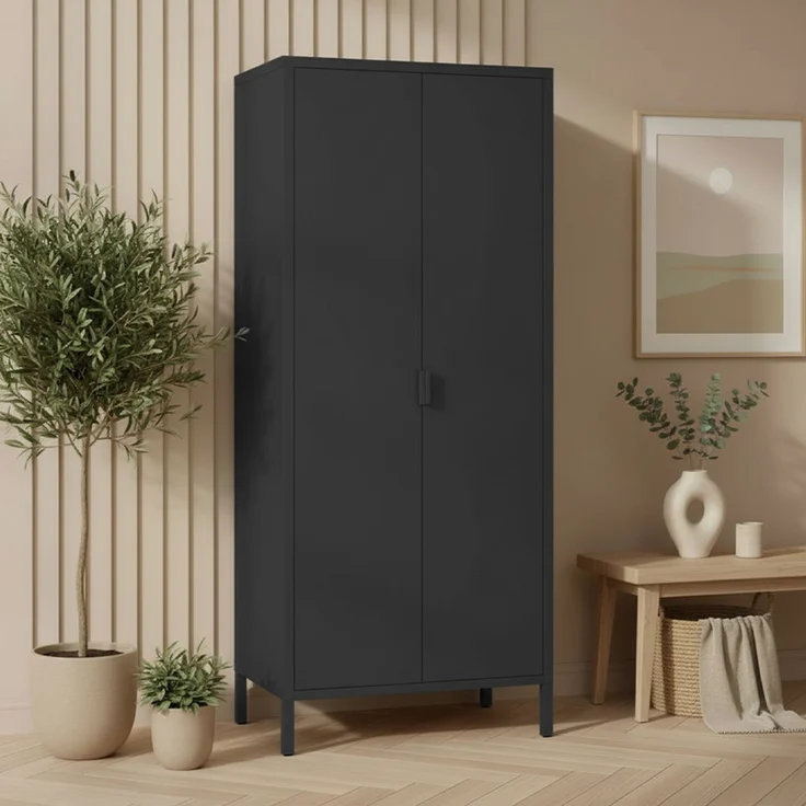 skølm 'Ituri' Kleiderschrank, Metall, 170x45x80 cm, schwarz, Garderobe mit 4 Fächern und 2 Kleiderstangen – Bild 7