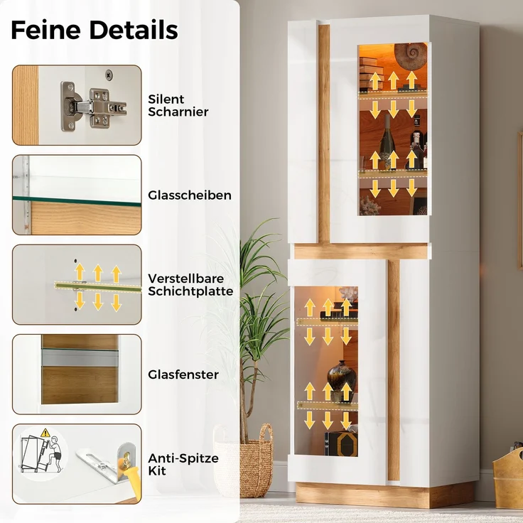 Vitrinenschrank mit LED-Beleuchtung, 2 Glastüren, Glasböden, geräumiger Ausstellungsschrank, Wohnzimmerschrank, Aufbewahrungsschrank aus PB – Bild 8