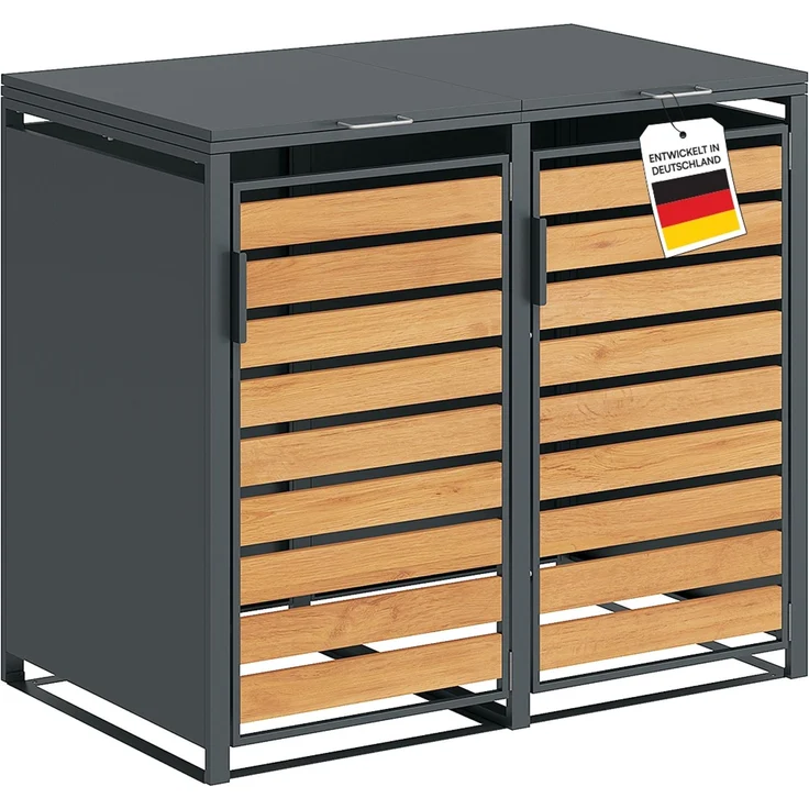 STEELSØN 'Kestra' Mülltonnenbox 2er je 240 Liter, anthrazit mit Holzoptik, Mülltonnenverkleidung aus Stahl, wetterfest, 116x80x134 cm, Müllbox für 2 Tonnen – Bild 1