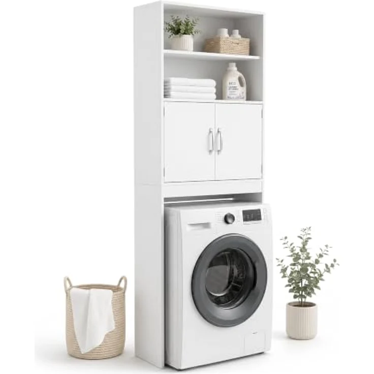 relaxdays Waschmaschinenumbauschrank, Waschmaschinenschrank mit 2 Türen, weiß, großzügiger Stauraum und verstellbare Einlegeböden – Bild 1