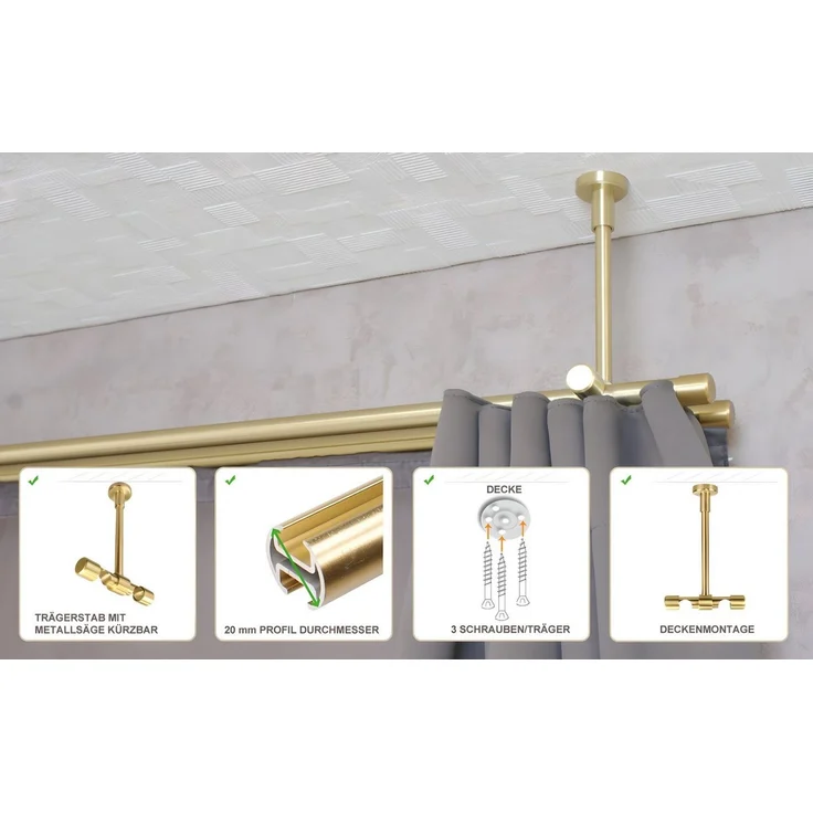 iso-design Gardinenstange Innenlauf 2-läufig Deckenmontage 20 mm Farbe Messing Matt, Ø 20 mm, 2-läufig, Fixmaß, mit Bohren, Metall, Deckenabstand durch Kürzung einstellbar zwischen 7 cm und 19 cm – Bild 2