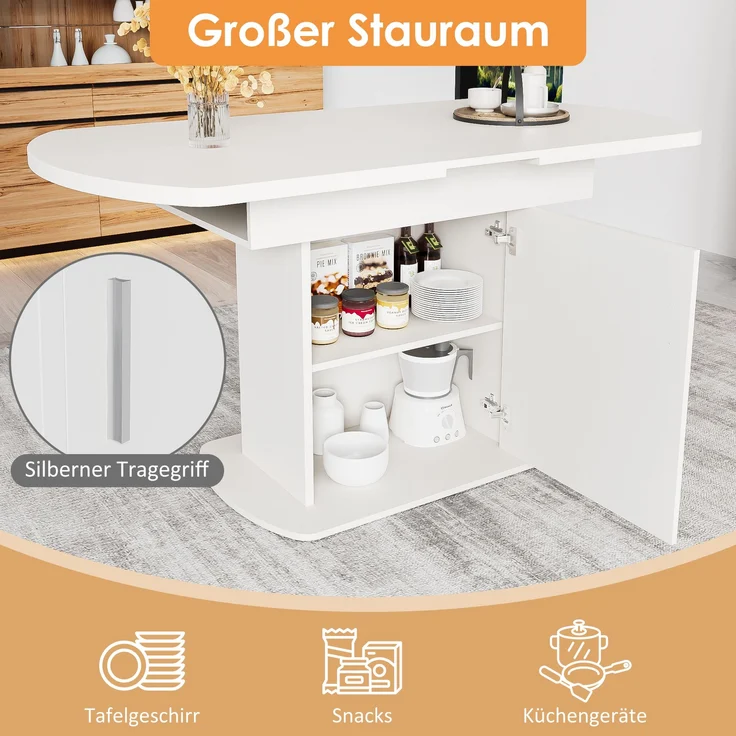 Ausziehbarer Esstisch mit Stauraum und silbernem Griff, 110/130x70x75 cm, Weiß – Bild 4
